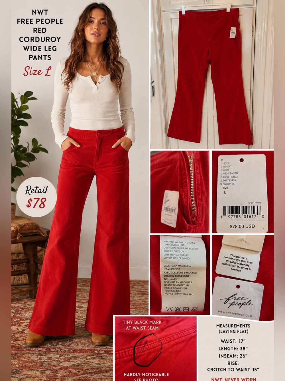NWT FREE PEOPLE RED
CORDUROY PANTS Sz L